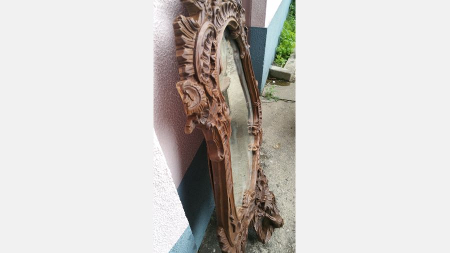 Antigo Espelho em Madeira Talhada Talha 116x63cm detalhes fantásticos